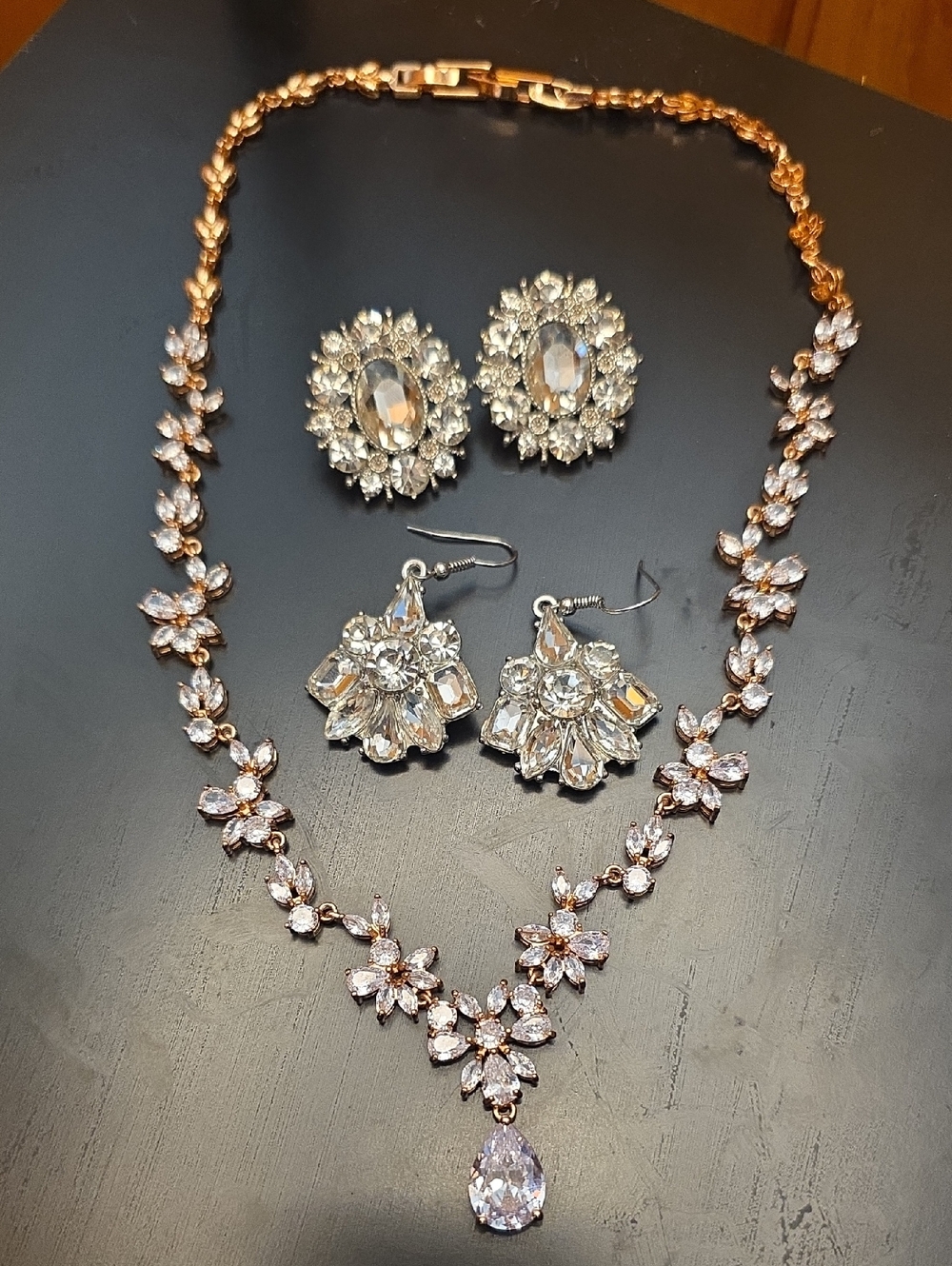 Elegant Rose Gold and Clear Crystal Floral Necklace & Earring Set